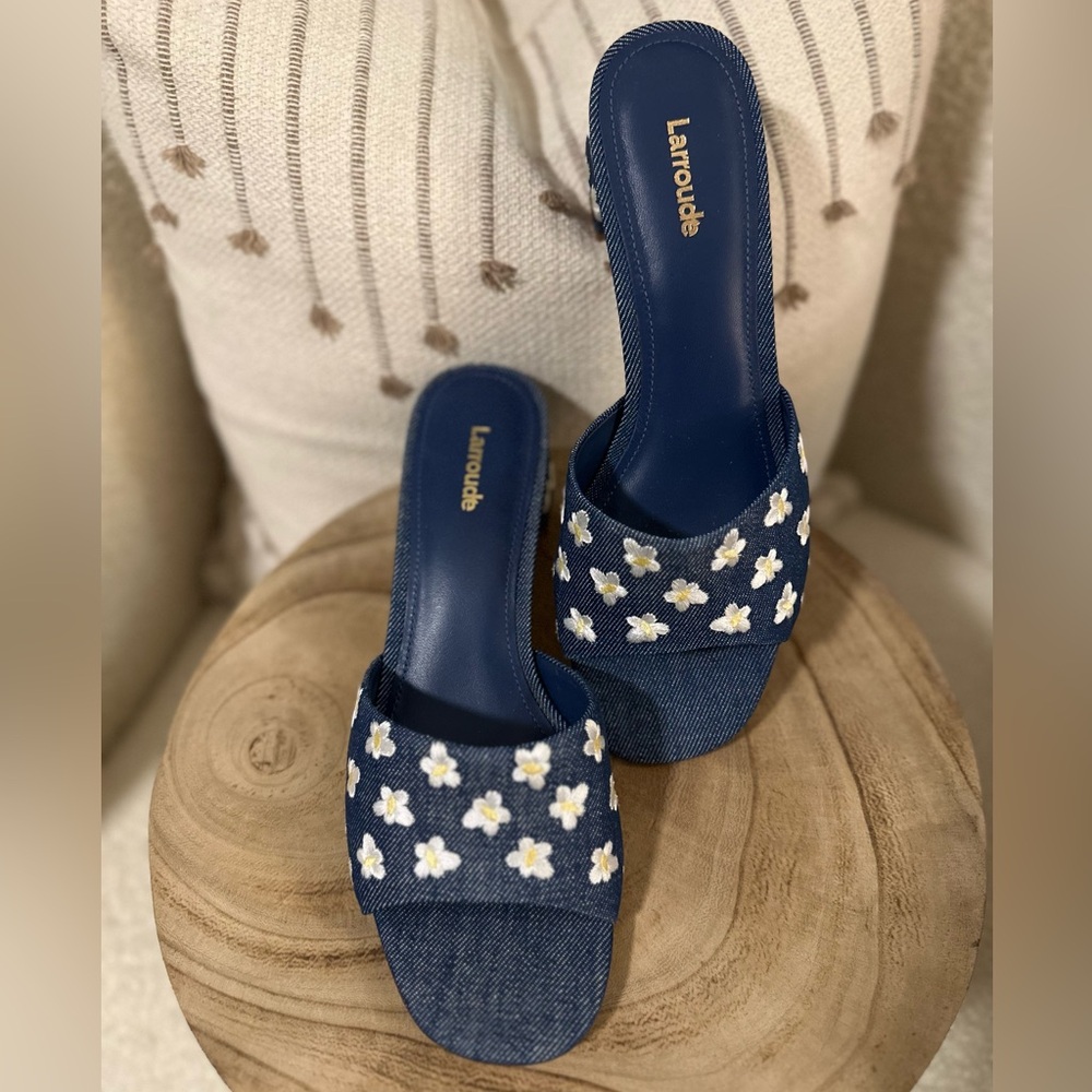 NEW | Larroudé Brigitte Flower-Embroidered Denim Mules - Picture 7 of 13